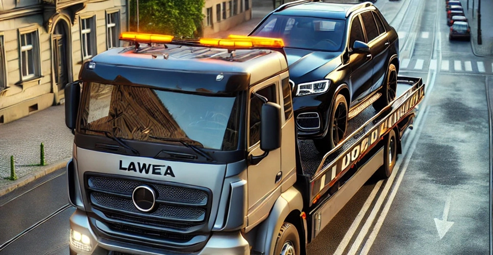 Laweta transportująca uszkodzony samochód w Mikołowie.